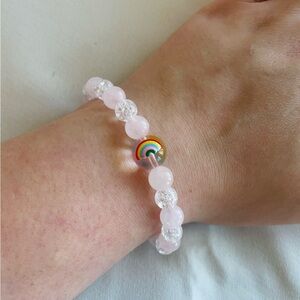 Handmade Rose Quartz and Clear Crackle Rainbow Bracelet